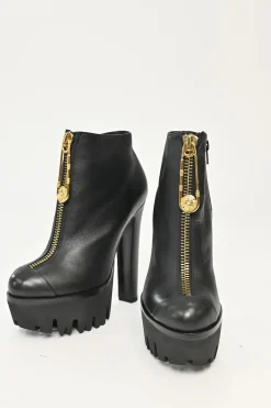 Gold Safety Pin Black Leather High Heel Ankle Boot