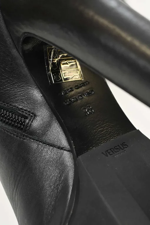 Gold Safety Pin Black Leather High Heel Ankle Boot