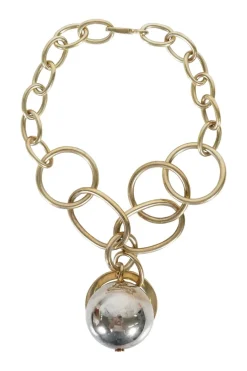 gold tone chunky chain necklace with oversized silver ball pendant