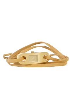 Gold tone wristwatch with thin tan leather strap
