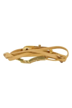 Gold tone wristwatch with thin tan leather strap