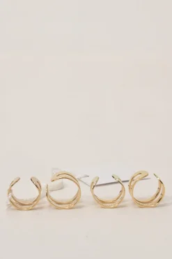 Gold-finish brass double-band four-piece ring set