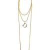 Gold-finish brass herringbone chain multi-strand layered opera necklace featuring D pendant and lobster clasp closure