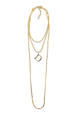 Gold-finish brass herringbone chain multi-strand layered opera necklace featuring D pendant and lobster clasp closure