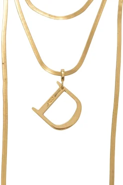 Gold-finish brass herringbone chain multi-strand layered opera necklace featuring D pendant and lobster clasp closure