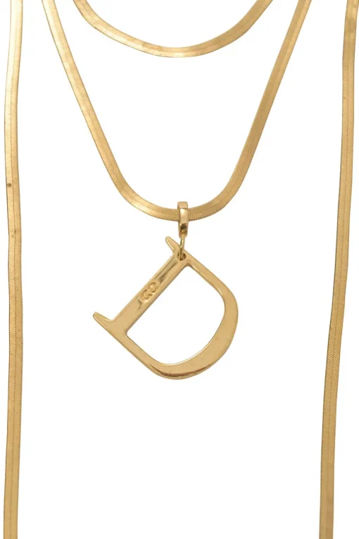 Gold-finish brass herringbone chain multi-strand layered opera necklace featuring D pendant and lobster clasp closure