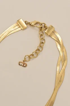 Gold-finish brass herringbone chain multi-strand layered opera necklace featuring D pendant and lobster clasp closure