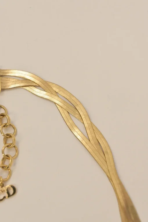 Gold-finish brass herringbone chain multi-strand layered opera necklace featuring D pendant and lobster clasp closure
