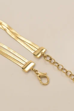 Gold-finish brass herringbone chain multi-strand layered opera necklace featuring D pendant and lobster clasp closure