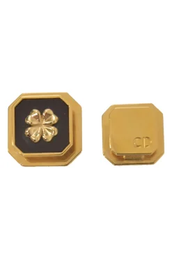Gold-finish metal and enamel octagon CD clover plaque clip-back earrings
