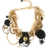 Gold-finish metal and resin faux pearl charm bib necklace with lobster clasp closure