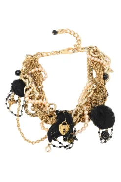 Gold-finish metal and resin faux pearl charm bib necklace with lobster clasp closure