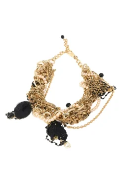 Gold-finish metal and resin faux pearl charm bib necklace with lobster clasp closure