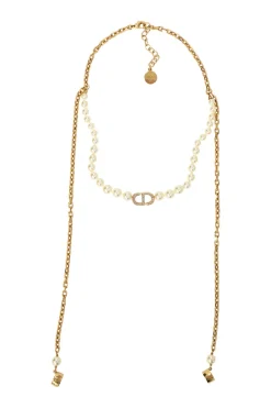 Gold-finish metal chain and white faux pearl 30 Montaigne logo necklace
