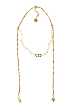 Gold-finish metal chain and white faux pearl 30 Montaigne logo necklace