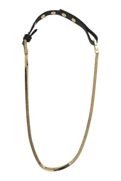 Gold-finish metal herringbone chainlink and leather snap necklace