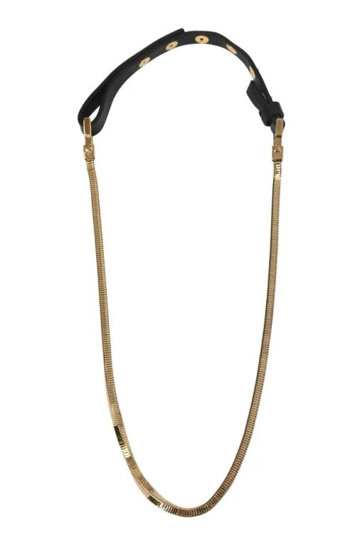 Gold-finish metal herringbone chainlink and leather snap necklace