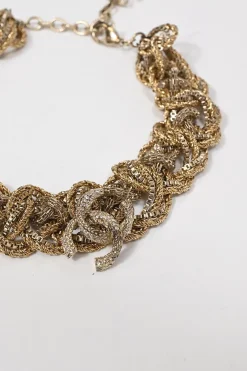 Gold-finish metal multi-strand twist chain bracelet with strass Coco Mark motif