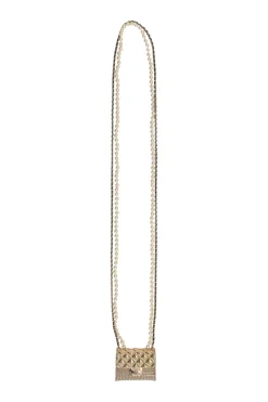 Gold-finish metal, resin, and leather micro flap bag crossbody bag necklace with faux pear and chainlink strap