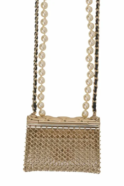 Gold-finish metal, resin, and leather micro flap bag crossbody bag necklace with faux pear and chainlink strap