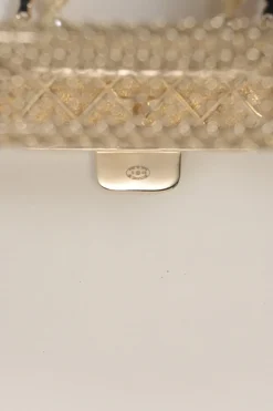 Gold-finish metal, resin, and leather micro flap bag crossbody bag necklace with faux pear and chainlink strap