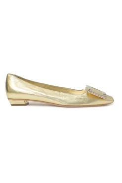 Gold-foiled metallic lambskin leather Belle Vivier Metal Buckle square-toed ballerina flats