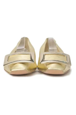Gold-foiled metallic lambskin leather Belle Vivier Metal Buckle square-toed ballerina flats