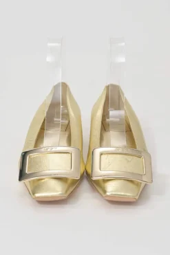 Gold-foiled metallic lambskin leather Belle Vivier Metal Buckle square-toed ballerina flats