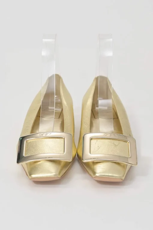 Gold-foiled metallic lambskin leather Belle Vivier Metal Buckle square-toed ballerina flats