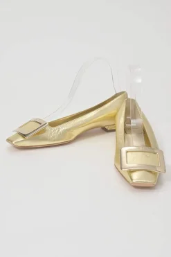 Gold-foiled metallic lambskin leather Belle Vivier Metal Buckle square-toed ballerina flats