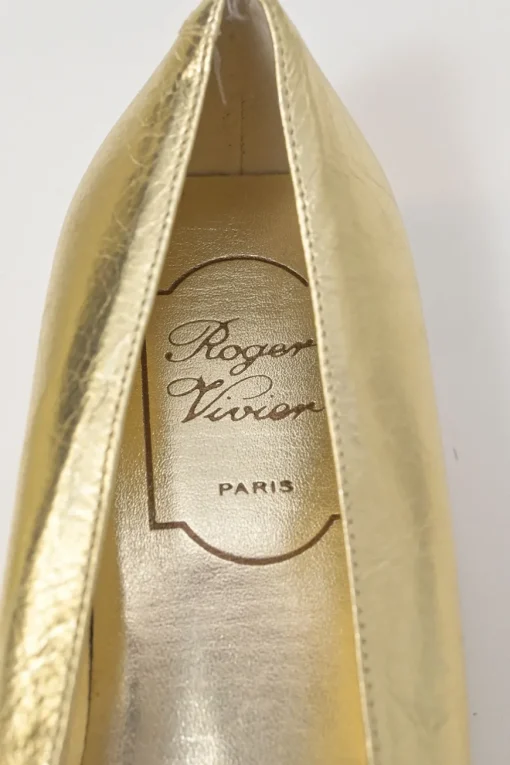Gold-foiled metallic lambskin leather Belle Vivier Metal Buckle square-toed ballerina flats
