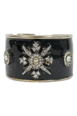 Gold-plated, black enamel and crystal-embellished hinge cuff bracelet