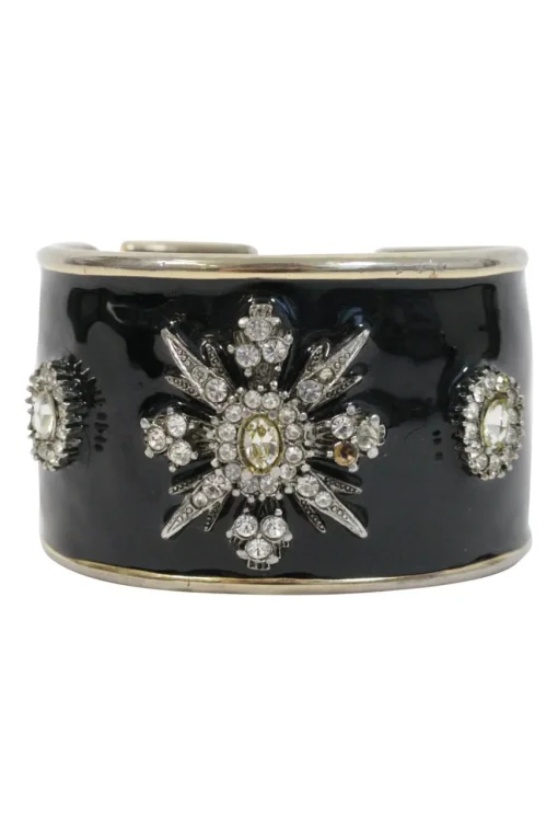 Gold-plated, black enamel and crystal-embellished hinge cuff bracelet