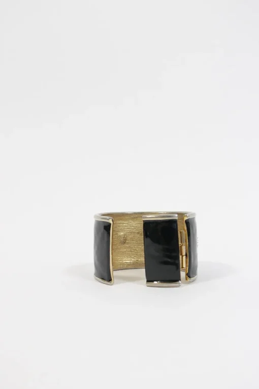 Gold-plated, black enamel and crystal-embellished hinge cuff bracelet