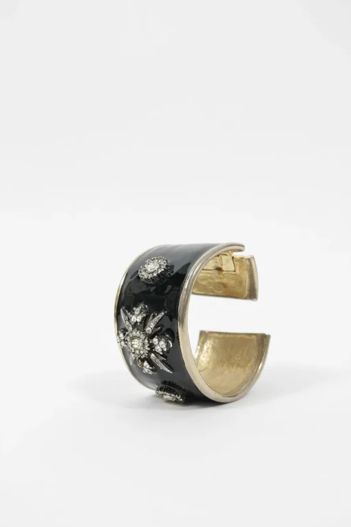 Gold-plated, black enamel and crystal-embellished hinge cuff bracelet