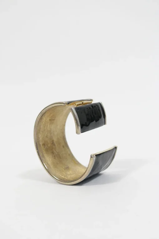 Gold-plated, black enamel and crystal-embellished hinge cuff bracelet