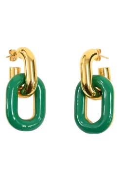 Gold-plated brass and green enamel chain-link double hoop earrings