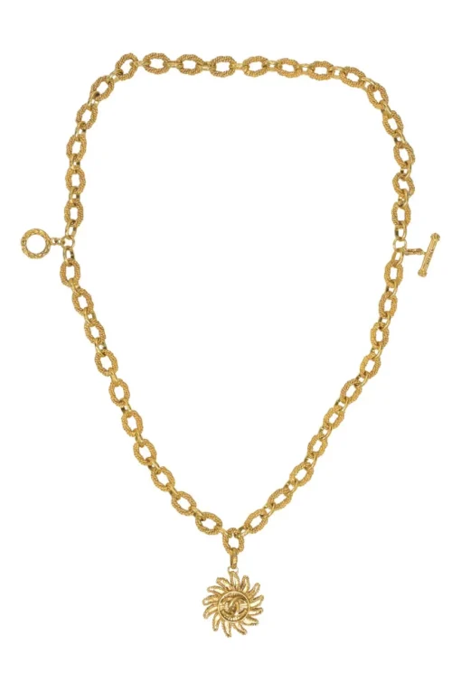Gold-plated metal 94A Coco Mark sun medallion pendant chain bracelet with T-bar closure