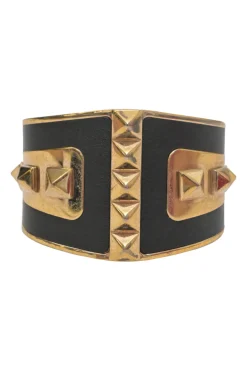 Gold-tone brass and leather Rockstud bangle