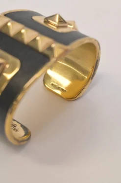 Gold-tone brass and leather Rockstud bangle