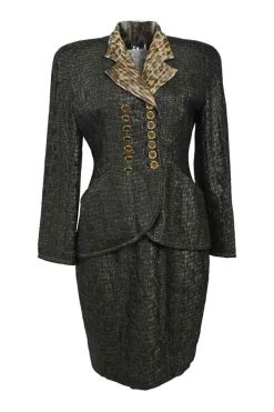 Gold-tone embellished acetate-blend double breasted leopard print notch lapel bar jacket and pencil skirt suit set