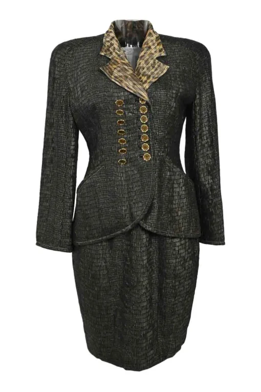 Gold-tone embellished acetate-blend double breasted leopard print notch lapel bar jacket and pencil skirt suit set