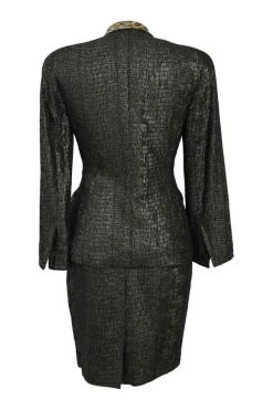 Gold-tone embellished acetate-blend double breasted leopard print notch lapel bar jacket and pencil skirt suit set