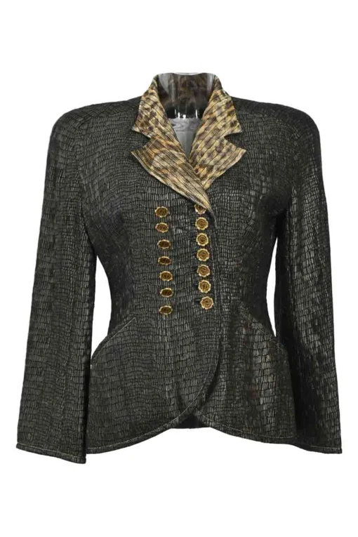 Gold-tone embellished acetate-blend double breasted leopard print notch lapel bar jacket and pencil skirt suit set
