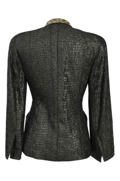 Gold-tone embellished acetate-blend double breasted leopard print notch lapel bar jacket and pencil skirt suit set