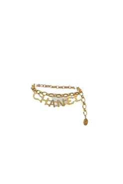 Gold-tone hammered metal chunky logo charm chain belt