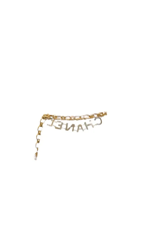 Gold-tone hammered metal chunky logo charm chain belt