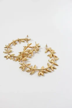 Gold-tone large leaf hoop earring
