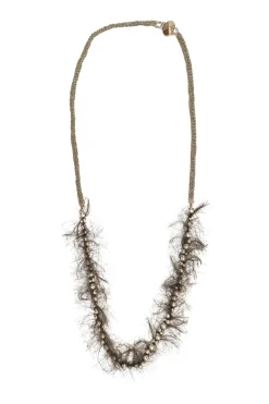 Gold-tone metal and chenille-trimmed faux-pearl bead matinee necklace