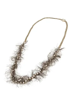 Gold-tone metal and chenille-trimmed faux-pearl bead matinee necklace